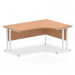 In the photo, you can see a sleek and modern dynamic corner desk with a 1600mm right crescent shape and an oak top. The white cantilever leg adds a contemporary touch. This desk is perfect for any office space.