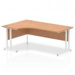 The photograph showcases a sleek and modern Dynamic Corner Desk with a left crescent shape and an oak top. The white cantilever leg adds a touch of elegance to the design. Perfect for any contemporary office space.