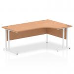This picture features a modern office setting with a sleek and spacious 1800mm right crescent desk. The desk has an oak top and white cantilever legs, creating a dynamic and professional look. Ample space for work and storage is provided, making it ideal for any productive workspace.