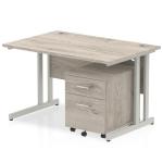 Impulse 1200 x 800mm Straight Office Desk Grey Oak Top Silver Cantilever Leg Workstation 2 Drawer Mobile Pedestal I003148