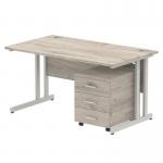 Impulse 1400 x 800mm Straight Office Desk Grey Oak Top Silver Cantilever Leg Workstation 3 Drawer Mobile Pedestal I003165