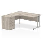 Impulse 1600mm Left Crescent Office Desk Grey Oak Top Silver Cantilever Leg Workstation 600 Deep Desk High Pedestal I003171