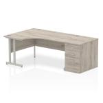 Impulse 1600mm Left Crescent Office Desk Grey Oak Top Silver Cantilever Leg Workstation 800 Deep Desk High Pedestal I003172