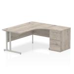 Impulse 1600mm Right Crescent Office Desk Grey Oak Top Silver Cantilever Leg Workstation 600 Deep Desk High Pedestal I003183