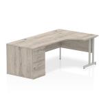 Impulse 1600mm Right Crescent Office Desk Grey Oak Top Silver Cantilever Leg Workstation 800 Deep Desk High Pedestal I003184