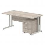 Impulse 1600 x 800mm Straight Office Desk Grey Oak Top Silver Cantilever Leg Workstation 3 Drawer Mobile Pedestal I003195