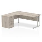 Impulse 1800mm Left Crescent Office Desk Grey Oak Top Silver Cantilever Leg Workstation 600 Deep Desk High Pedestal I003201