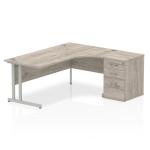 Impulse 1800mm Right Crescent Office Desk Grey Oak Top Silver Cantilever Leg Workstation 600 Deep Desk High Pedestal I003207