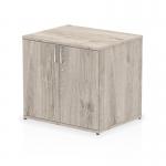 The image shows a sleek and modern desk with high cupboards that have a deep grey oak finish. The cupboards have a dynamic design and appear to be very spacious. They add a touch of elegance to any office space.