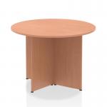 This striking photograph captures a stunning dynamic round table in 1000mm size with a warm beech top and sleek arrowhead legs. The sturdy construction and modern design make it an ideal addition to any space.