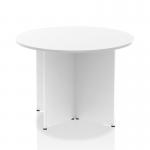 This stunning photo showcases a sleek and modern Dynamic Round Tables Impulse 1000mm Round Table. The striking white top is beautifully complemented by the innovative arrowhead leg design, creating a dynamic and eye-catching piece for any space.