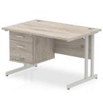 Impulse 1200 x 800mm Straight Office Desk Grey Oak Top Silver Cantilever Leg Workstation 1 x 2 Drawer Fixed Pedestal I003436