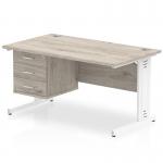 Impulse 1400 x 800mm Straight Office Desk Grey Oak Top White Cable Managed Leg Workstation 1 x 3 Drawer Fixed Pedestal I003467