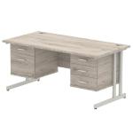 Impulse 1600 x 800mm Straight Office Desk Grey Oak Top Silver Cantilever Leg Workstation 1 x 2 Drawer 1 x 3 Drawer Fixed Pedestal I003485