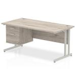 Impulse 1600 x 800mm Straight Office Desk Grey Oak Top Silver Cantilever Leg Workstation 1 x 2 Drawer Fixed Pedestal I003486