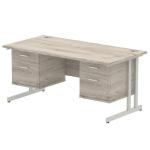 Impulse 1600 x 800mm Straight Office Desk Grey Oak Top Silver Cantilever Leg Workstation 2 x 2 Drawer Fixed Pedestal I003488