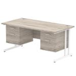 Impulse 1600 x 800mm Straight Office Desk Grey Oak Top White Cantilever Leg Workstation 2 x 2 Drawer Fixed Pedestal I003498
