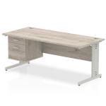 Impulse 1800 x 800mm Straight Office Desk Grey Oak Top Silver Cable Managed Leg Workstation 1 x 2 Drawer Fixed Pedestal I003506