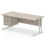 Impulse 1800 x 800mm Straight Office Desk Grey Oak Top Silver Cantilever Leg Workstation 1 x 2 Drawer Fixed Pedestal I003511