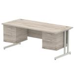 Impulse 1800 x 800mm Straight Office Desk Grey Oak Top Silver Cantilever Leg Workstation 2 x 2 Drawer Fixed Pedestal I003513
