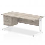 Impulse 1800 x 800mm Straight Office Desk Grey Oak Top White Cable Managed Leg Workstation 1 x 2 Drawer Fixed Pedestal I003516