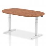 Inside a modern and elegant boardroom, a beautiful 1800mm walnut table shines with its sleek white height-adjustable legs. Its dynamic design adds a touch of sophistication, making it perfect for business meetings and conferences.