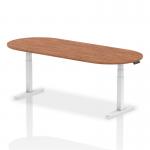 In the picture, there is a sleek and modern 2400mm boardroom table with a walnut top and adjustable white legs. The dynamic design creates a professional and inviting atmosphere, perfect for successful meetings and conferences.