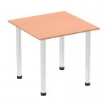 The image shows a sleek 800mm square table with a beech top and chrome post leg. The table has a dynamic design, perfect for modern and versatile spaces. The beech top adds warmth and the chrome leg adds a touch of sophistication.