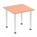 The image shows a sleek 800mm square table with a beech top and chrome post leg. The table has a dynamic design, perfect for modern and versatile spaces. The beech top adds warmth and the chrome leg adds a touch of sophistication.