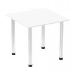 The photograph displays a sleek and modern Dynamic Tables Impulse 800mm Square Table with a white top and chrome post leg. The table exudes a dynamic and trendy vibe, making it a versatile addition to any office or home space.
