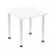 The photograph displays a sleek and modern Dynamic Tables Impulse 800mm Square Table with a white top and chrome post leg. The table exudes a dynamic and trendy vibe, making it a versatile addition to any office or home space.