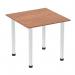 This picture features a sleek 800mm square table with a walnut top and chrome post leg. The tables has a dynamic design that adds a modern touch to any space.