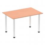 A picture of Dynamic Tables Impulse 1200mm Straight Table in Beech Top with a Chrome Post Leg shows a sleek and modern office furniture piece. The warm beech top contrasts beautifully with the chrome leg, making it a stylish addition to any workspace. The long and straight design of the table provides ample space for work or meetings.