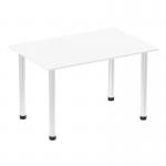 A sleek and modern Dynamic Tables Impulse 1200mm Straight Table with a white top and chrome post legs. Its clean design adds a touch of sophistication to any workspace or meeting room.