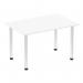 A sleek and modern Dynamic Tables Impulse 1200mm Straight Table with a white top and chrome post legs. Its clean design adds a touch of sophistication to any workspace or meeting room.
