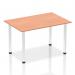 The photo shows a sleek, modern dynamic table with a beech wood top and chrome post legs measuring 1400mm in length. Its curved edges and minimalist design create a stylish and functional workspace.