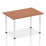 The image shows a modern and sleek dynamic rectangle desk with a walnut top and chrome post legs. It measures 1400mm in length and is a straight table. Perfect for any contemporary office space.