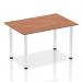 The image shows a modern and sleek dynamic rectangle desk with a walnut top and chrome post legs. It measures 1400mm in length and is a straight table. Perfect for any contemporary office space.
