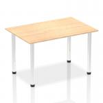 In the photograph, the dynamic rectangle desk is shown featuring a 1400mm straight table with a maple top and chrome post leg. The desk exudes a modern and sleek design, perfect for any contemporary office space. The maple top adds a touch of warmth and the chrome legs give an industrial feel. The desk is both practical and stylish, making it a great addition to any workspace.