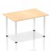 In the photograph, the dynamic rectangle desk is shown featuring a 1400mm straight table with a maple top and chrome post leg. The desk exudes a modern and sleek design, perfect for any contemporary office space. The maple top adds a touch of warmth and the chrome legs give an industrial feel. The desk is both practical and stylish, making it a great addition to any workspace.