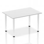 The image shows a sleek and modern white rectangular table with a chrome post leg. The table is 1400mm in length and exudes a dynamic and sophisticated look. Its clean lines and polished finish make it a great addition to any workspace.