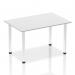 The image shows a sleek and modern white rectangular table with a chrome post leg. The table is 1400mm in length and exudes a dynamic and sophisticated look. Its clean lines and polished finish make it a great addition to any workspace.