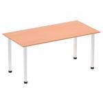 The photo shows a sleek and modern Dynamic Tables Impulse 1600mm Straight Table with a beech top and chrome post leg. It exudes a professional and polished look, perfect for any office or meeting space.