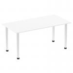 This picture features a sleek and modern white top table measuring 1600mm with chrome post legs, providing a dynamic and stylish addition to any space.