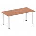 The picture shows a sleek and modern Dynamic Tables Impulse 1600mm straight table. The tabletop is made of dark walnut and is supported by shiny chrome post legs. Its clean lines and bold design make it a perfect addition to any office space.