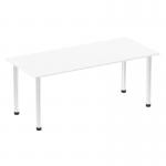 The photograph shows a 1800mm straight table with a white tabletop and chrome post leg. The sleek design and modern finish make for a stylish addition to any space. The dynamic tables impulse adds a touch of sophistication to any room.