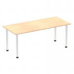 This photograph showcases a sleek and modern Dynamic Tables Impulse 1800mm Straight Table with a Maple Top and Chrome Post Leg. Its clean lines and stylish design make it a perfect addition to any office or workspace.