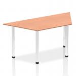The image shows a 1600mm trapezium shaped beech top table with chrome post legs. The table appears to be adjustable and has a modern, sleek design. The beech top adds warmth and the chrome legs provide a trendy touch. The table would fit well in a dynamic office or meeting space.
