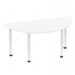 The image shows a 1600mm semi-circle table with a white tabletop and chrome post leg. The tables give off a dynamic and modern vibe, adding a sleek and polished touch to any space. Its curved shape offers versatility and can be used in a variety of settings.