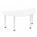 The image shows a 1600mm semi-circle table with a white tabletop and chrome post leg. The tables give off a dynamic and modern vibe, adding a sleek and polished touch to any space. Its curved shape offers versatility and can be used in a variety of settings.